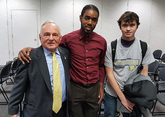 From left to right, DOBI Commissioner Richard J. Badolato, Bergen Community College (BCC) students Tristan Anderson and Christopher Molina who attended a financial literacy presentation held at the BCC Paramus Campus.