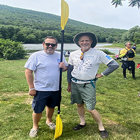 DRBC's Steve Tambini (L) and author Gary Letcher (R). Letcher joined the Sojourn for two days & shared stories from his experiences paddling the river. Photo by the DRBC.