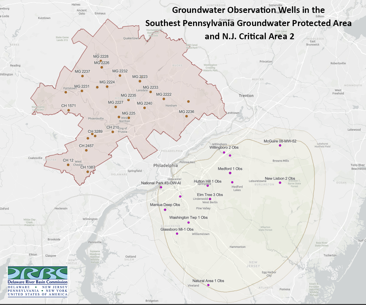 Groundwater Observation Wells in the GWPA and N.J. Critical Area #2. Graphic by the DRBC.