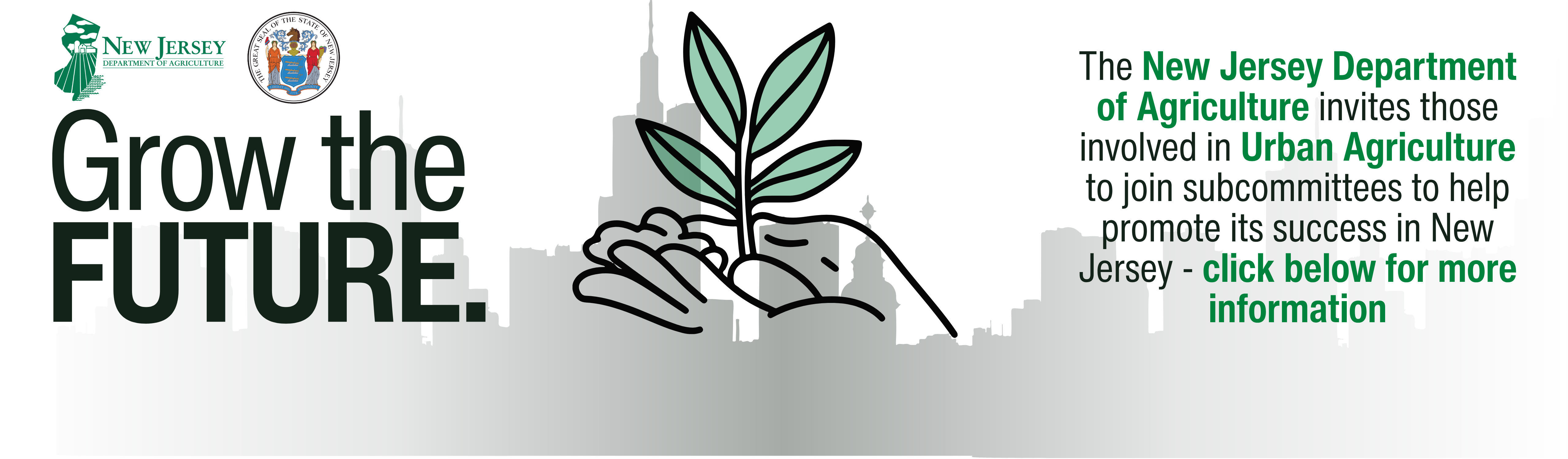 Black and white city scape with hand holding green plant asking for participation in NJ urban agriculture subcommittees