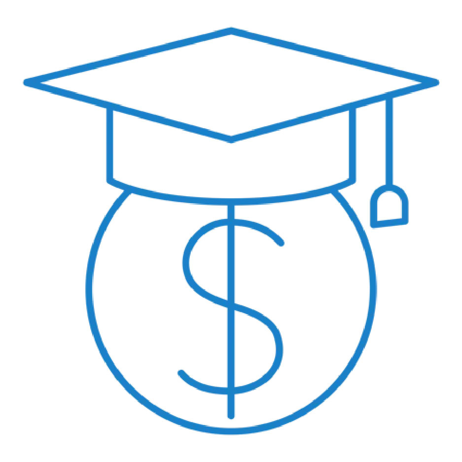 Icon: Coin with dollar sign and a graduation hat on the top