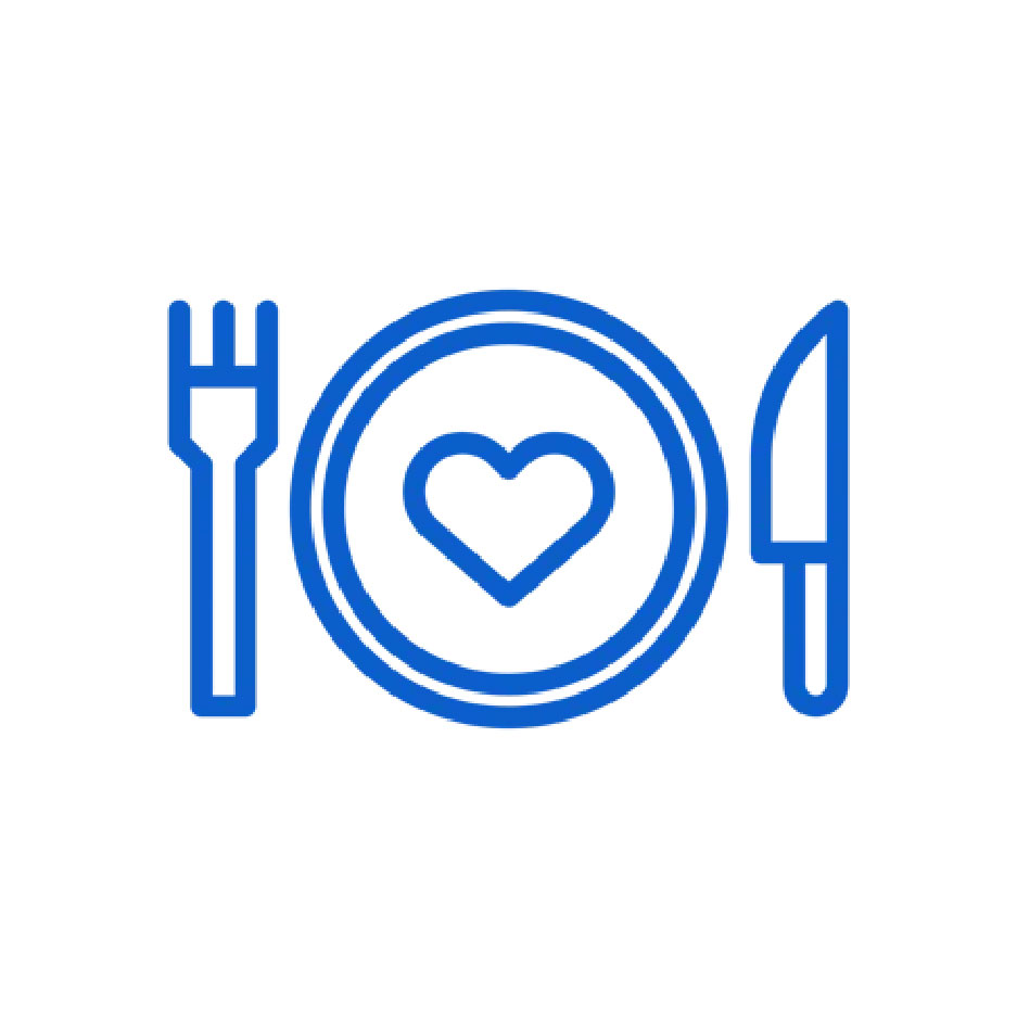 Icon: A plate with a heart in the center and utensils on the side