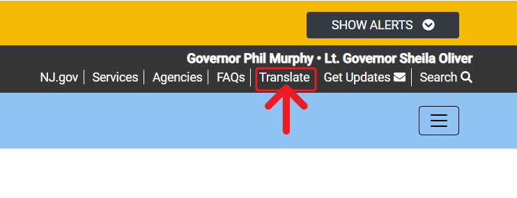 The top bar with yellow, black, and blue sections. The "Translate" button is shown with an arrow/cursor pointing to it and a circle around it. The yellow bar has an option to show alerts. The black bar has sections for NJ.gov, Services, Agencies, FAQs, Translate, Get Updates, and Search. The blue bar has three horizontal lines, =, that show the page's menu when clicked.