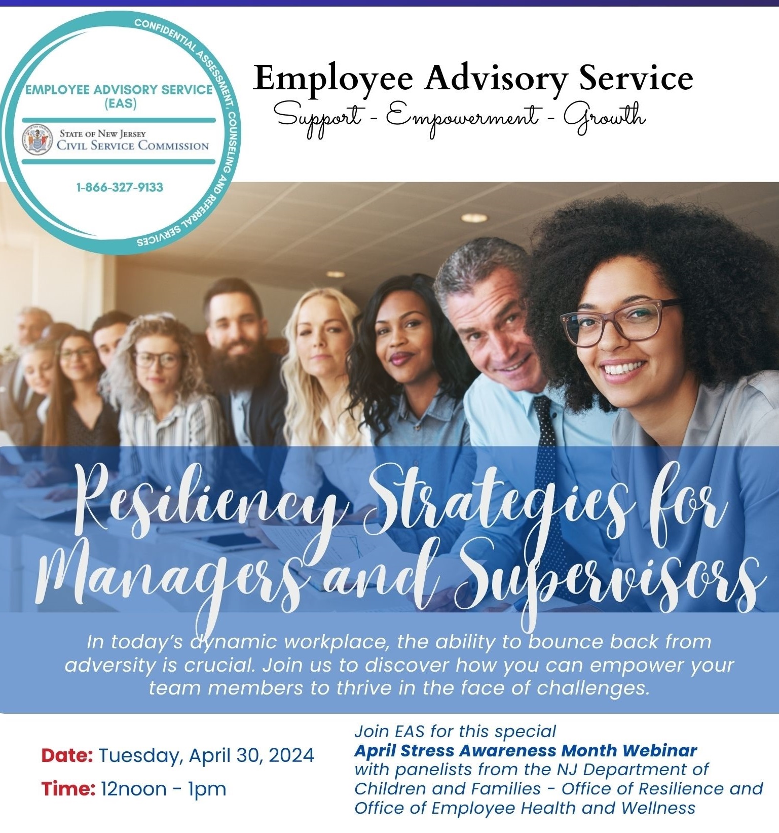 EAS April Stress Awareness Month Webinar Flyer - Resiliency Strategies for Managers and Supervisors