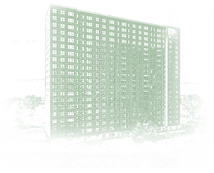 drawing of garden spruce and spires building