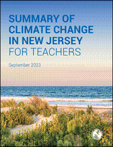 Report cover of the Summary of Climate Change in New Jersey For Teachers showing a picture of a beach. 