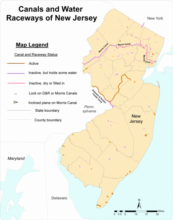 Map of Canals and Water Raceways in New Jersey