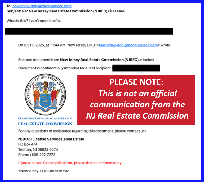 REC Phishing Email Example email that is not an official communication from the New Jersey Real Estate Commission