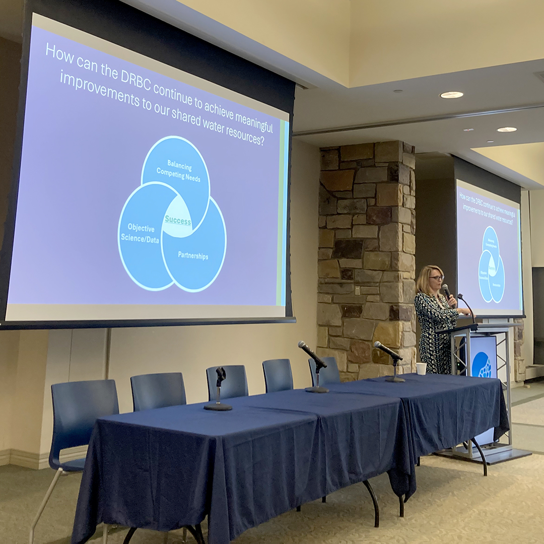DRBC Executive Director Kristen Bowman Kavanagh presents during the opening plenary at the Coalition for the Delaware River Watershed's 13th Delaware River Watershed Forum. Photo by the DRBC.