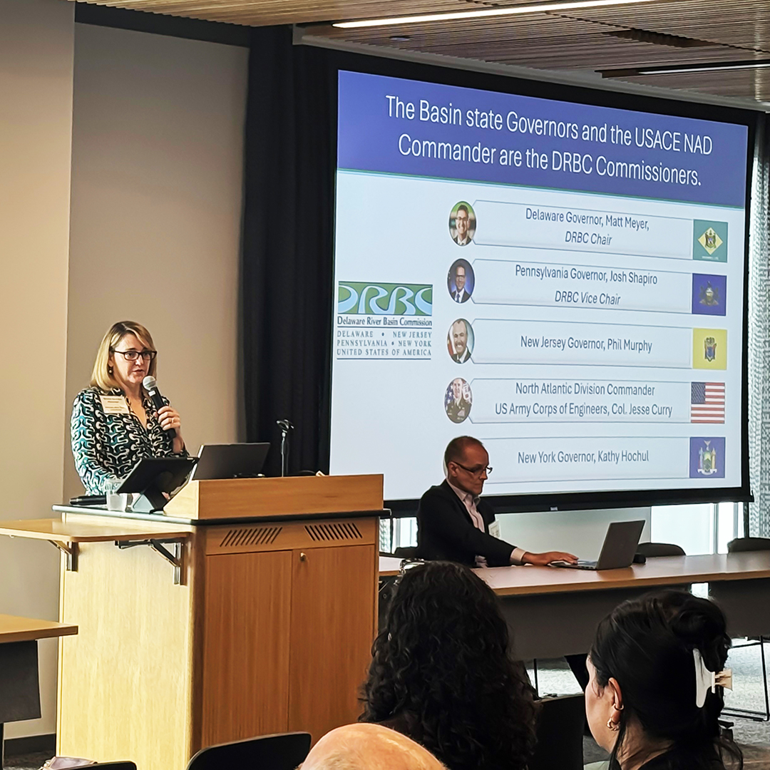 DRBC Executive Director Kristen Bowman Kavanagh (standing) and Project Review Manager David Kovach (sitting) presented at the Value of Water Forum. They spoke during the session on water availability and accessibility in the Delaware River Basin. Photo courtesy of the Water Resources Association of the Delaware River Basin (WRADRB).