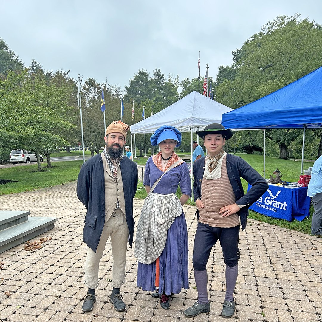 (from L) Friends of Washington Crossing Park staff Ross Heutmaker, Corinne Kauermann and Alex Robb mingled with attendees in character, reminding folks what it was like 250 years ago. Photo by the DRBC.