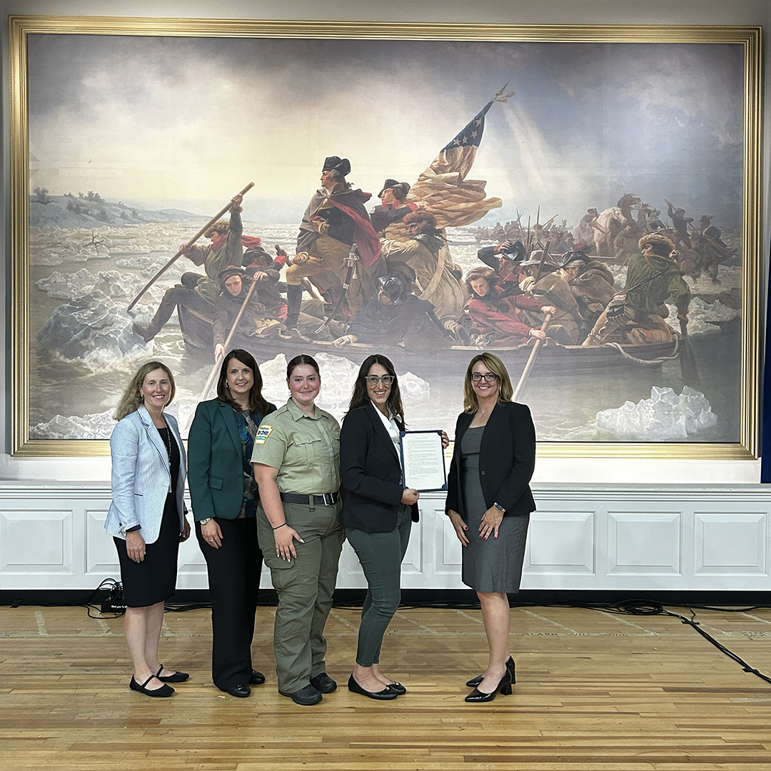 From L: Beth Brown, DRBC; Jill Whitcomb, PADEP and current DRBC Chair; Taylor Cromer, DCNR; Jennifer Martin, Friends of Washington Crossing Park; and Kristen Bowman Kavanagh, DRBC pose with the Resolution for the Minutes honoring DCNR & the Friends. Photo by the DRBC.