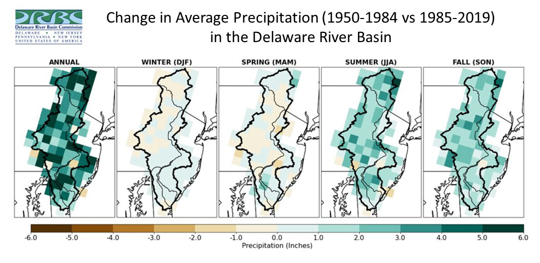 Change in Average Annual Precipitation between 1950-1984 v 1985 – 2019. Graphic by the DRBC.