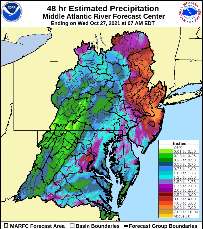 MARFC Graphic of Estimated Precipitation in the past 48 Hours.