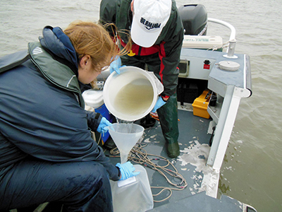 DRBC staff collect a water sample from the Delaware Estuary to monitor for toxic pollutants. Photo by DRBC.