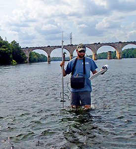 DRBC staff collects a flow sample from the Delaware River as part of its biomonitoring program. Photo by DRBC.