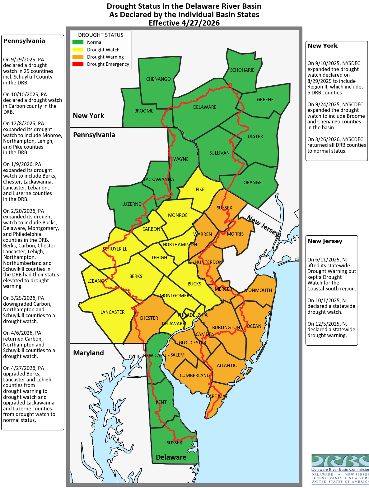 Map of the Delaware River Basin showing State-declared Drought Status. Map by the DRBC.