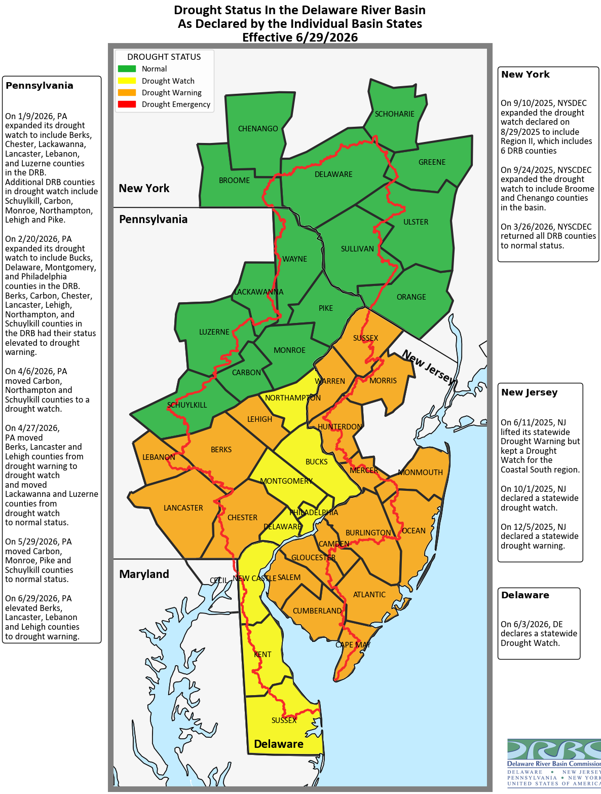 Map of the Delaware River Basin showing State-declared Drought Status. Map by the DRBC.