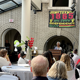 The Honorable Bonnie Watson Coleman (NJ-12) addresses the crowd at the Juneteenth kickoff celebration on June 16. Photo by the DRBC.