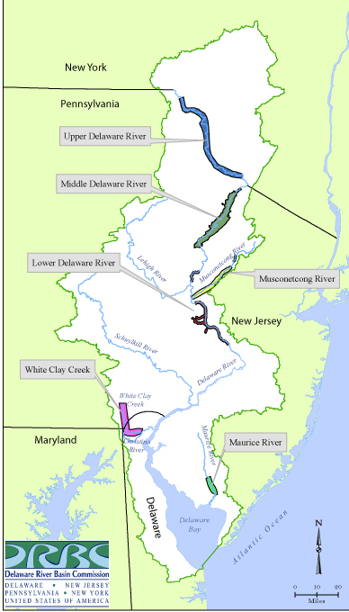 Map showing stretches of National Wild and Scenic rivers in the DRB. Map by DRBC.