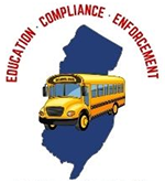 A school bus overlaying an image of the state of New Jersey with the words Education Compliance Enforcement 