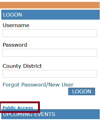 screenshot: EWEG logon page. Public access link is located below logon fields, after logon button.