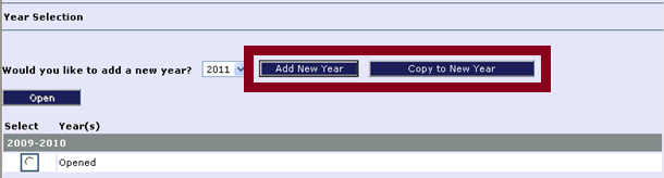 screenshot: Add New Year and copy to new year buttons are outlined. Other buttons include open and radio buttons for year selection.