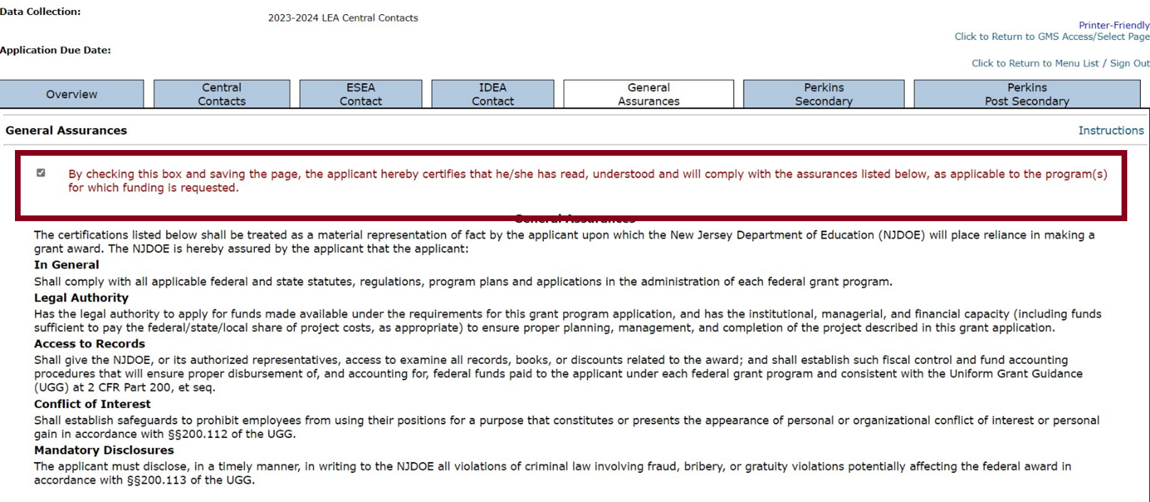 Screenshot: General assurances with checkbox outlined. Sections shown include: legal authority, access to reacords, conflict of interest, and mandatory disclosures. 