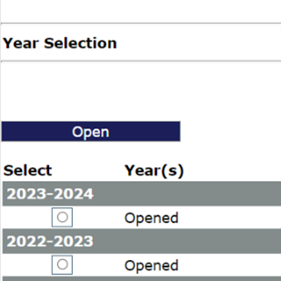 Screenshot: Two column table: radio buttons for year selection (2023-2024 and 2022-2023) and the text 'opened.' 