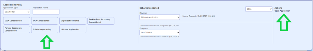Screenshot: Applications Menu with drop down menu for application type and text input field for application name. Open application link is under "Actions."
