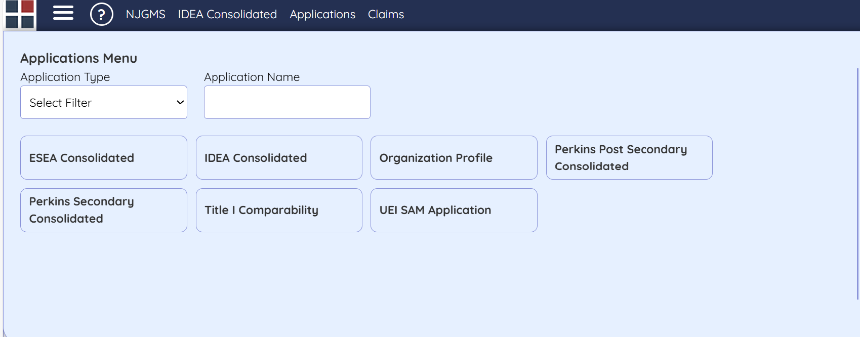 Screenshot:Applications menu with drop down to select application type and text input field for application name.
