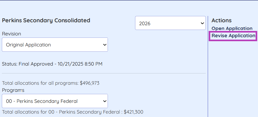 Screenshot: Perkins Secondary Consolidated screen with 'Revise application' link outlined.