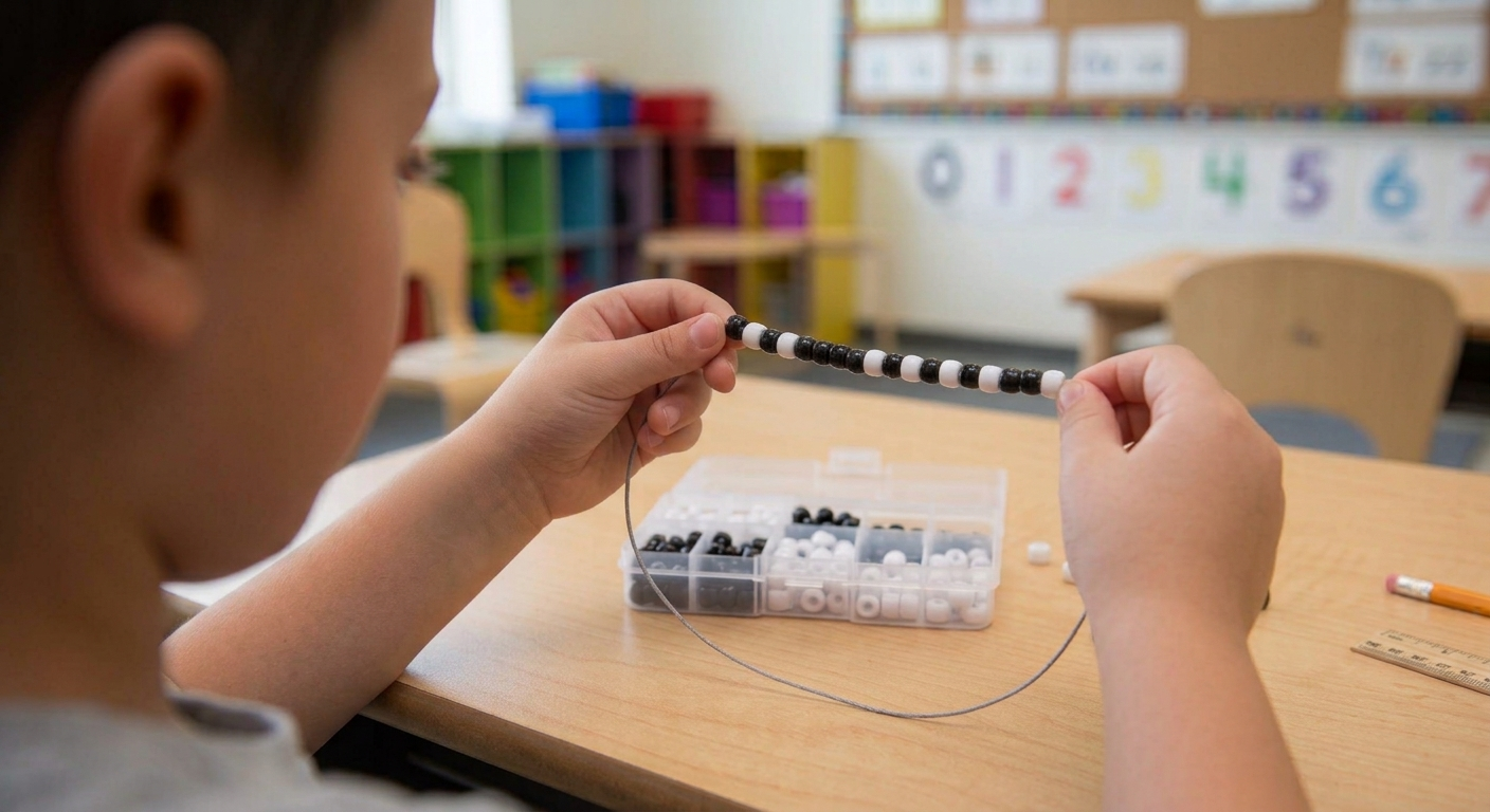 Child making a bracelet to look like binary coding