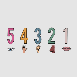 The numbers 5, 4, 3, 2, 1 along with icons for the 5 senses, an eye, a hand, an ear, a nose and a mouth