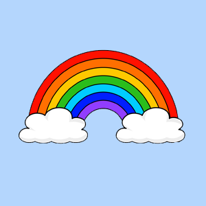 A colorful rainbow with white clouds at each end