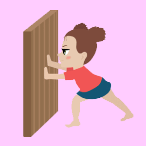 A young girl pushing both open hands again a wall