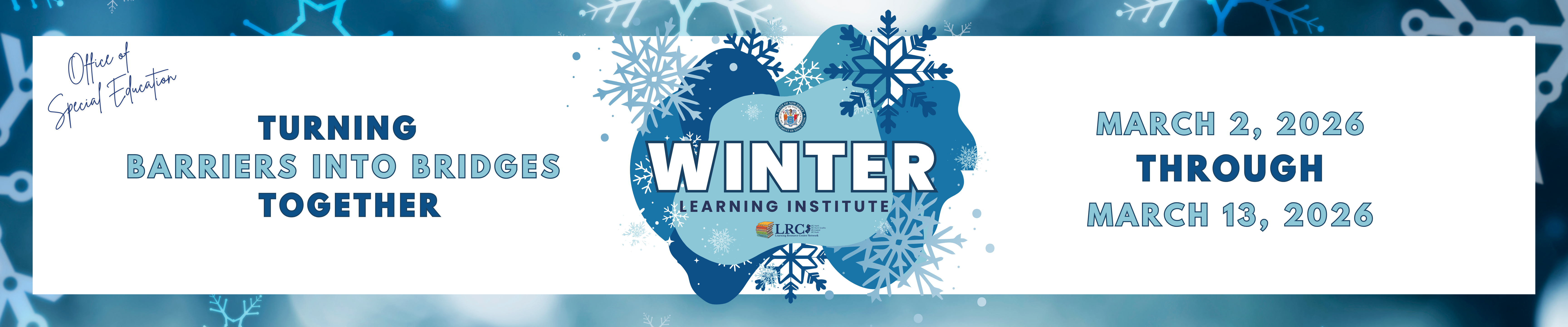 winter institute banner with border inviting guests to join us for training in January and February of 2024 with the logo for the winter institute on the right hand side with three other images of educators and students on the left