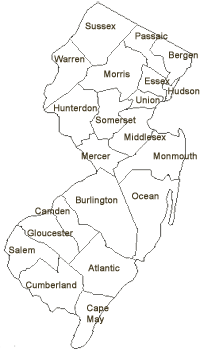 Map of new jersey with black outline separating the counties