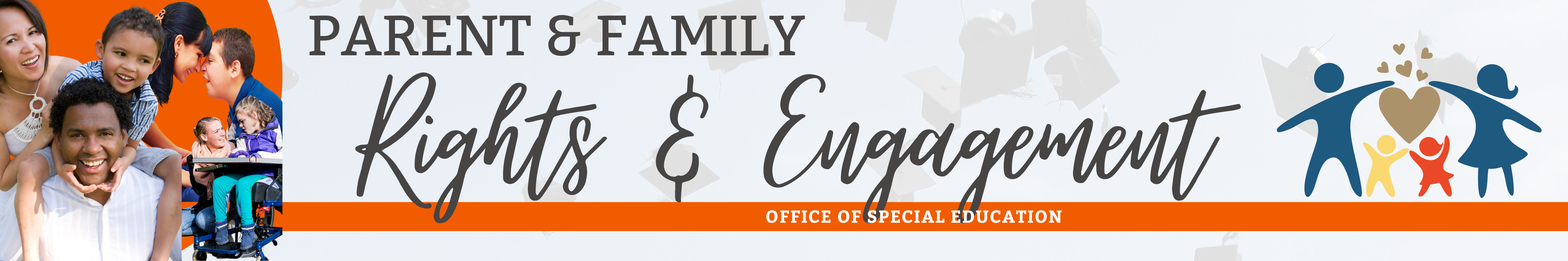 The title of the website across the middle with an orange banner underneath with the title of the office in the middle. On the left side there is a collage of images of multiple, diverse families. On the right is an icon of two individuals holding up a heart with a house in the middle. 