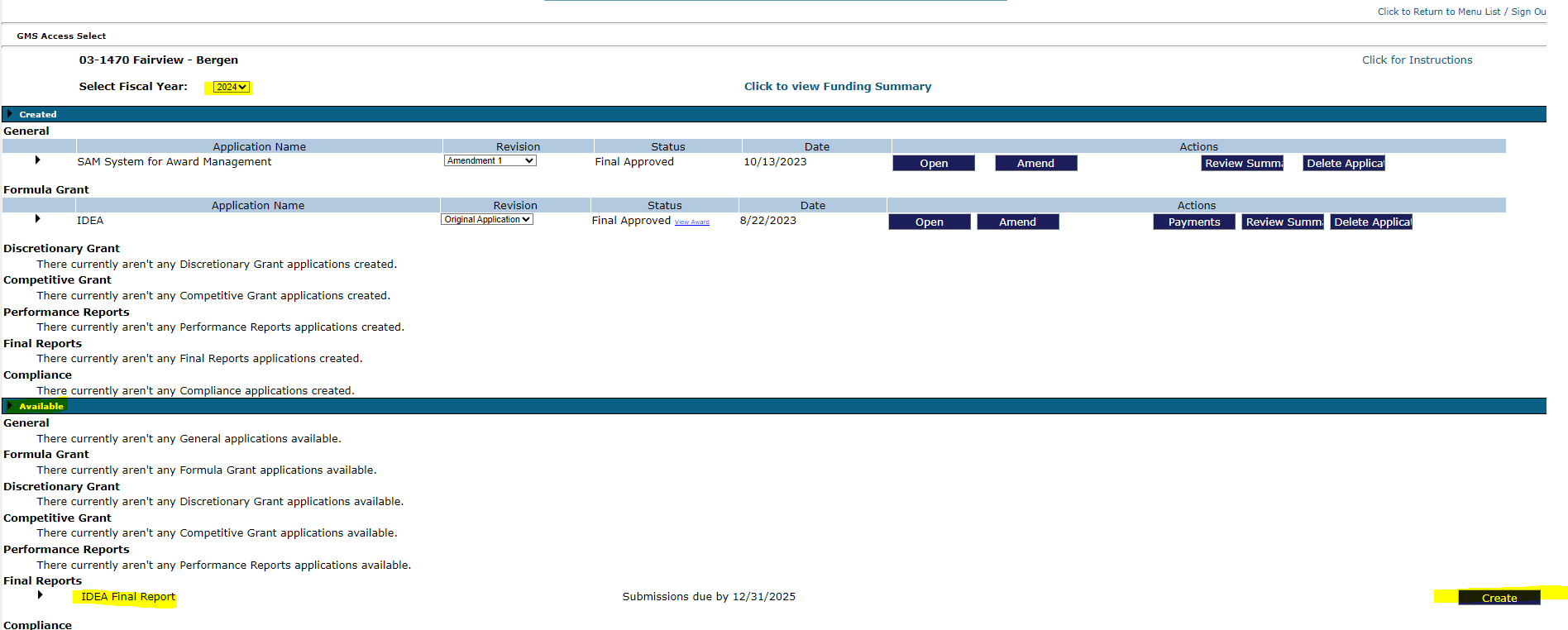 Screenshot: Select Fiscal Year drop down highlighted. Create button for IDEA ARP final report (under "final reports")