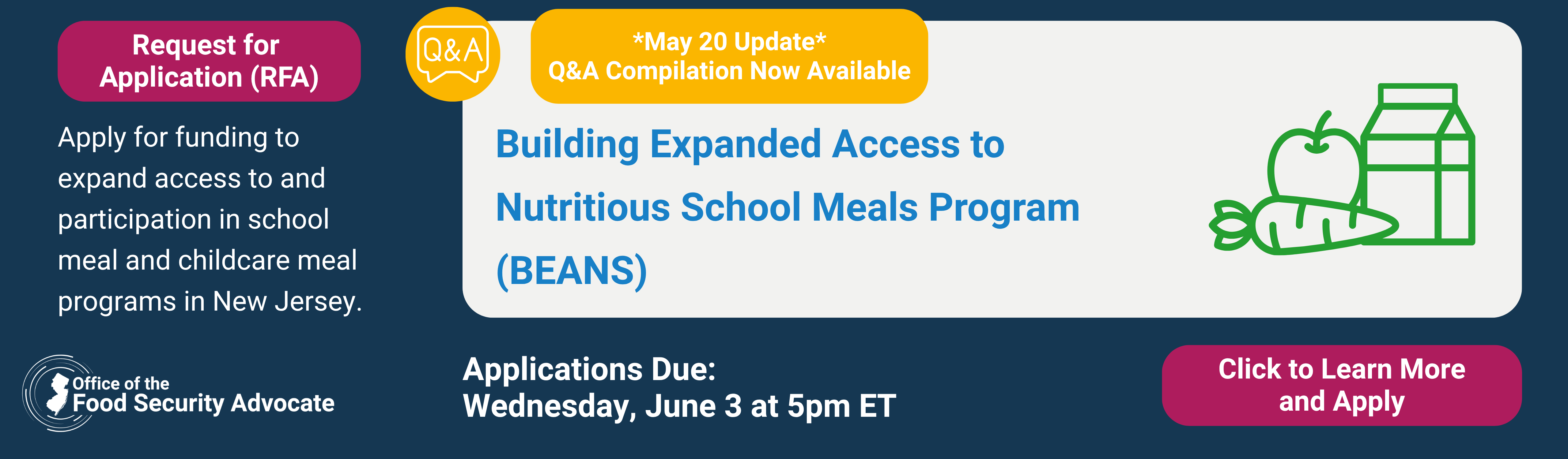 Building Expanded Access to Nutritious School Meals Program (BEANS) | Apply for funding to expand access to and participation in school meal and childcare meal programs in New Jersey.