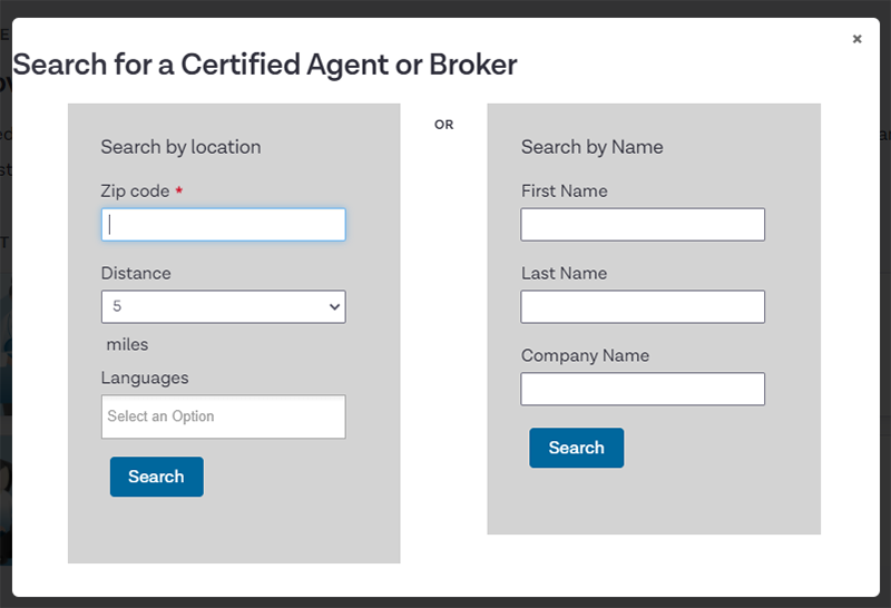 Screenshot: Search for a Certified Agent or Broker