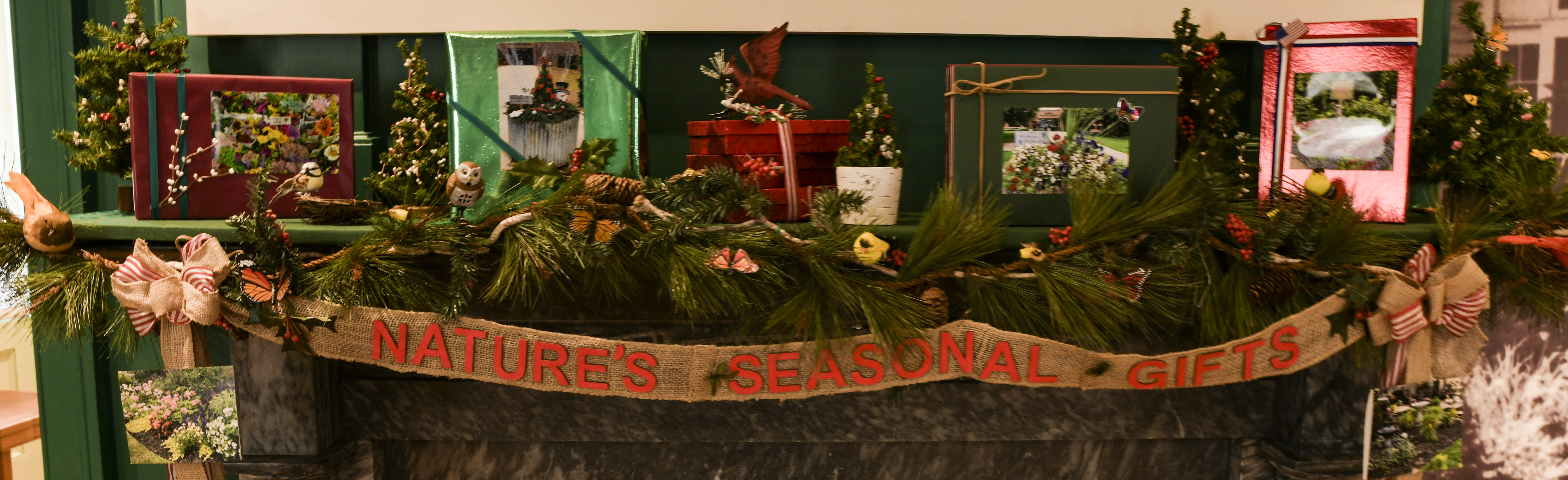 A close photo of a decorated mantelpiece entitled “Natures Seasonal Gifts” by Nottingham Garden Club of Hamilton Township. Realistic bird figures and brightly colored packages with evergreens and berries are creatively displayed.