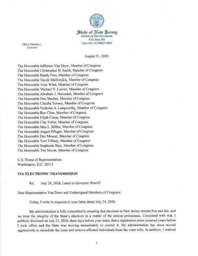 Governor Sherrill Responds to House Republicans&rsquo; Letter page 1