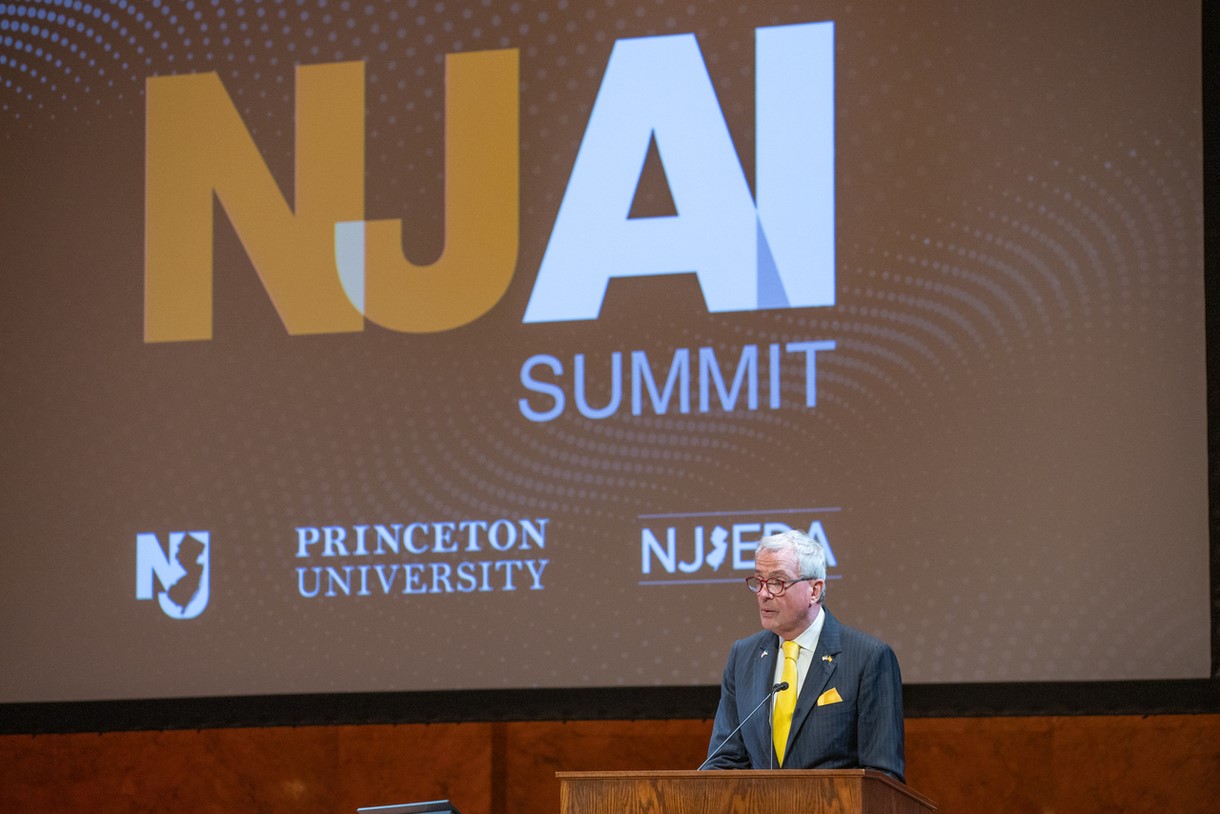 Photo: Governor Murphy is giving a speech about AI Tool for State Employees at Princeton University