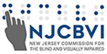 Logo: Dark blue Braille cells that depict NJCBVI, with a gray hand hovering over the letter "N" with the finger pointed to read; to the right and directly under the Braille cells is NJCBVI in large, bold, blue block letters under which in 