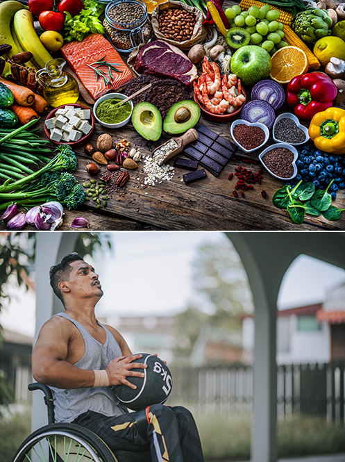 Different healthy food on the top half of image and handicapped man on the bottom half