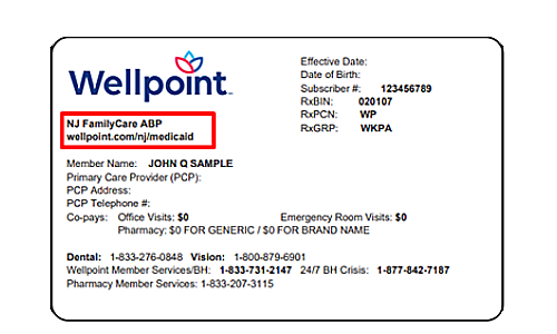 The red box is positioned in the upper-left quadrant of the card, just below the logo. It highlights the text “NJ FamilyCare ABP.” 