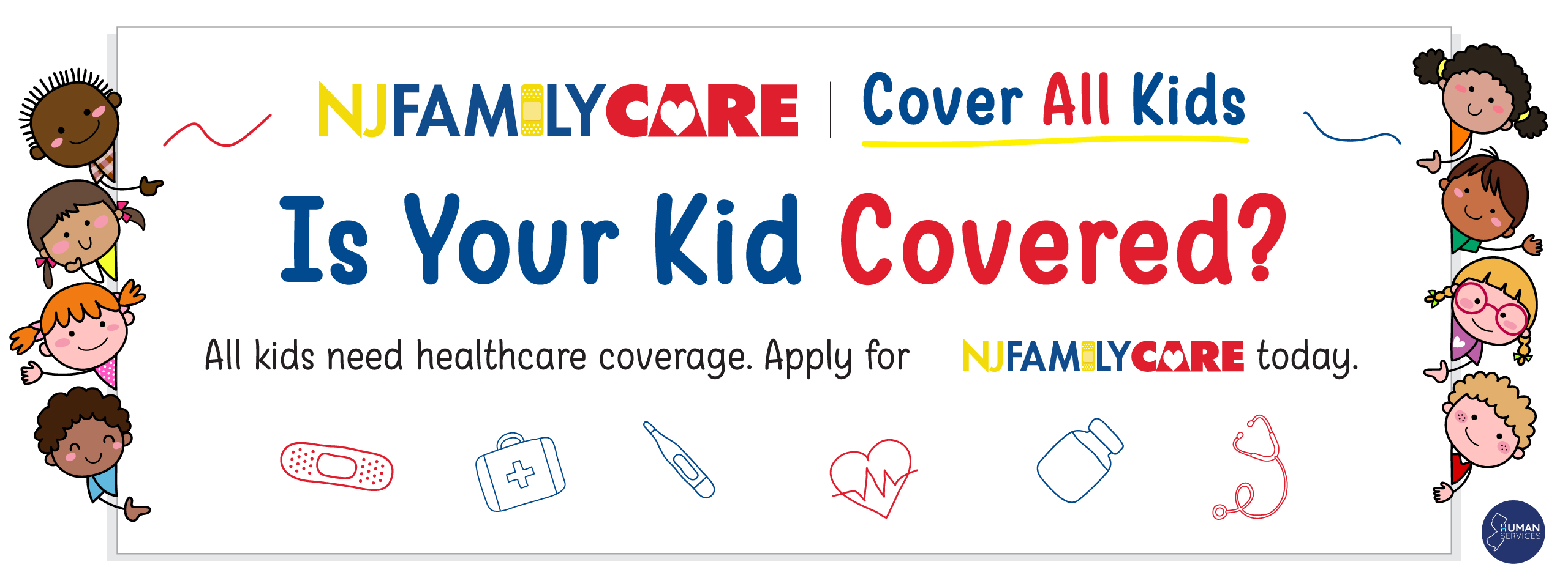NJ FamilyCare banner with logo and cartoon kids on the sides