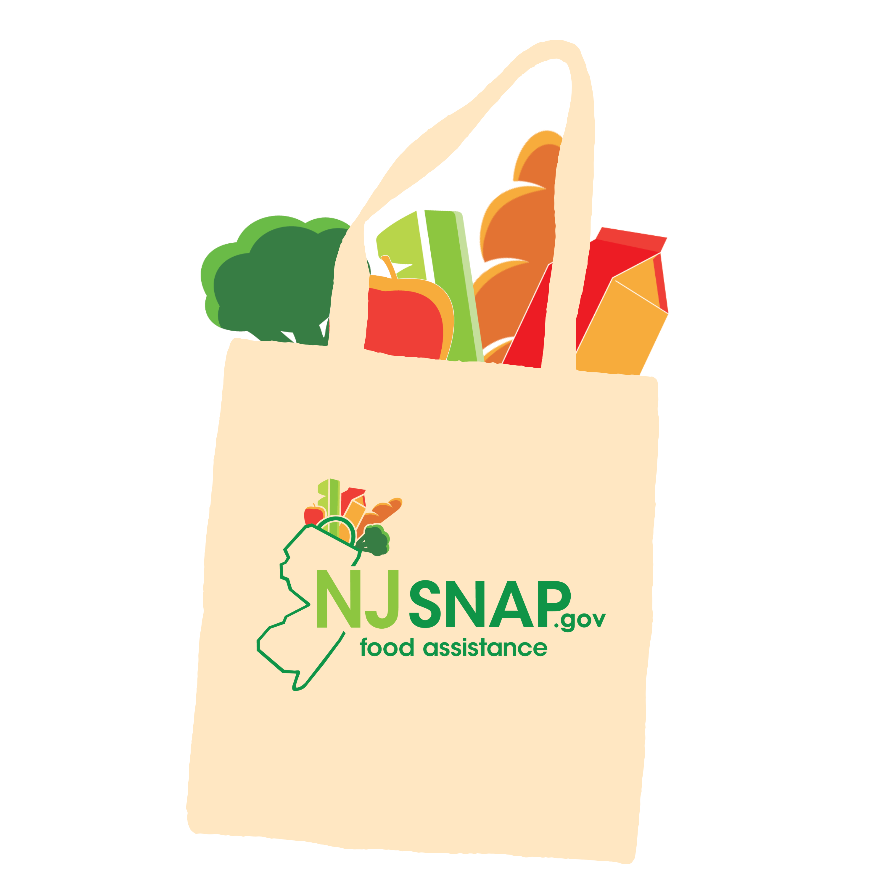 grocery bag filled with food and NJ SNAP Food Assistance logo